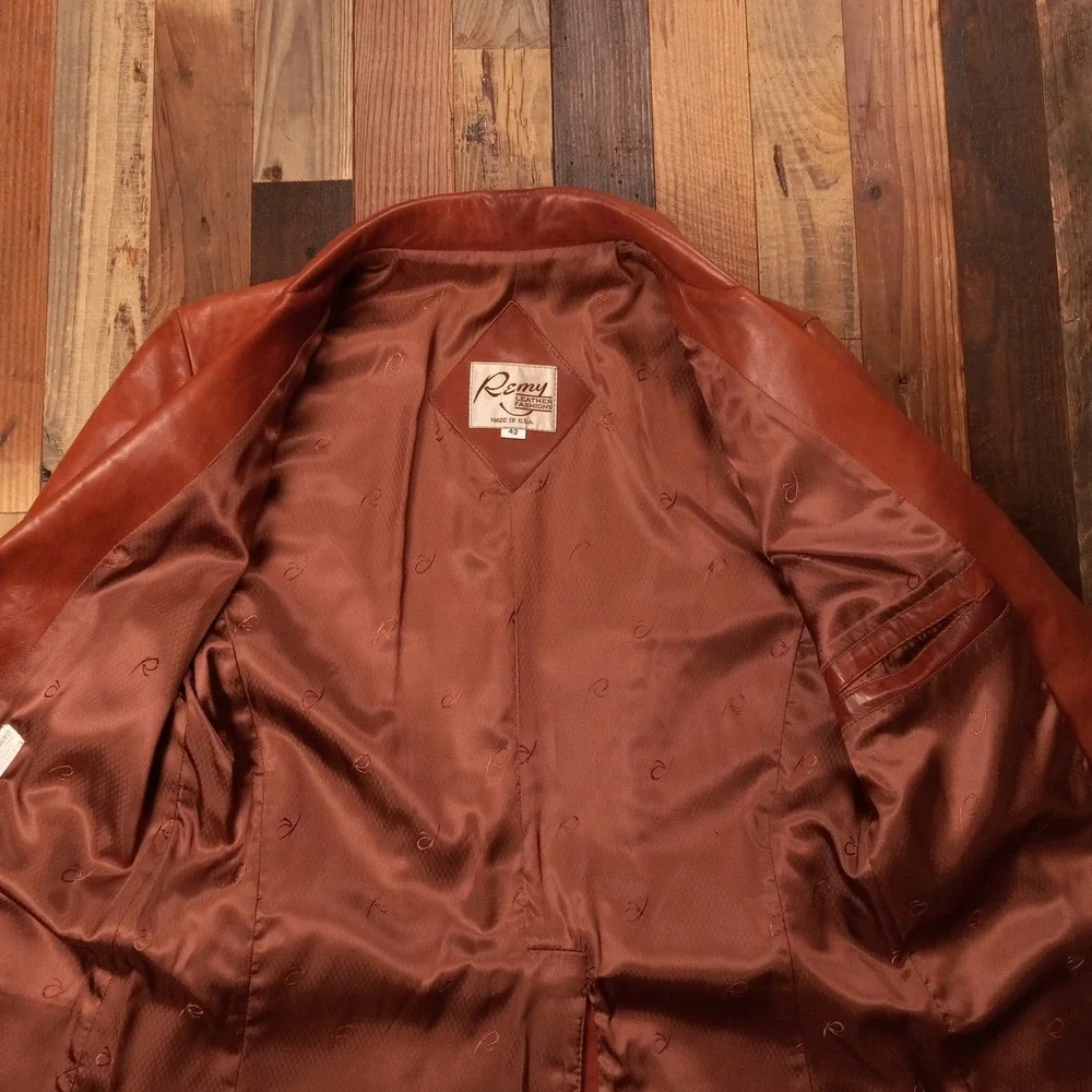 Remy Leather Fashions Mens Cognac Brown Leather Blazer Jacket Made USA Size 42